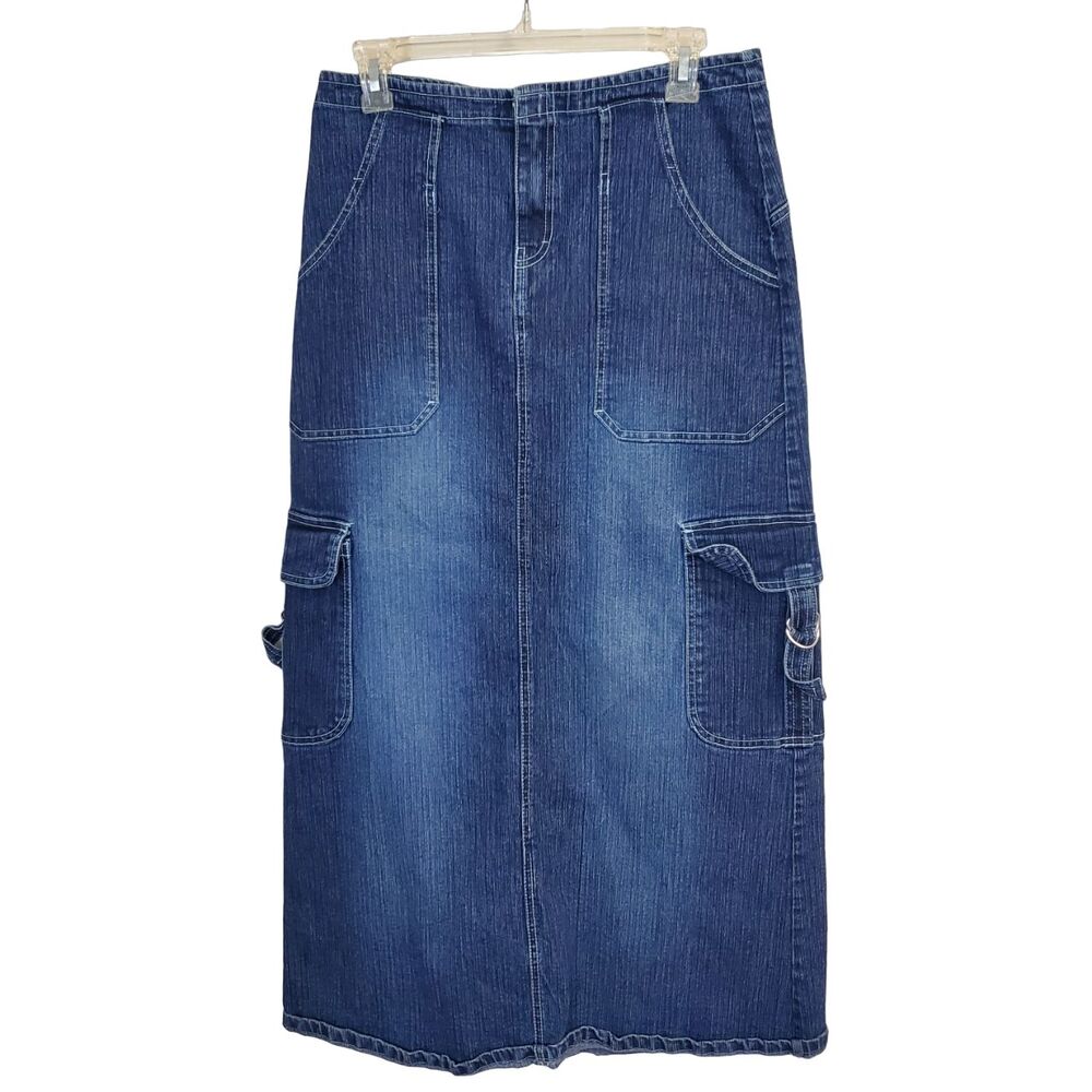 Y2K Vezucci Long Denim Jeans Skirt Sz 6 Cargo Pockets Back Slit‎ Punk Emo Grunge